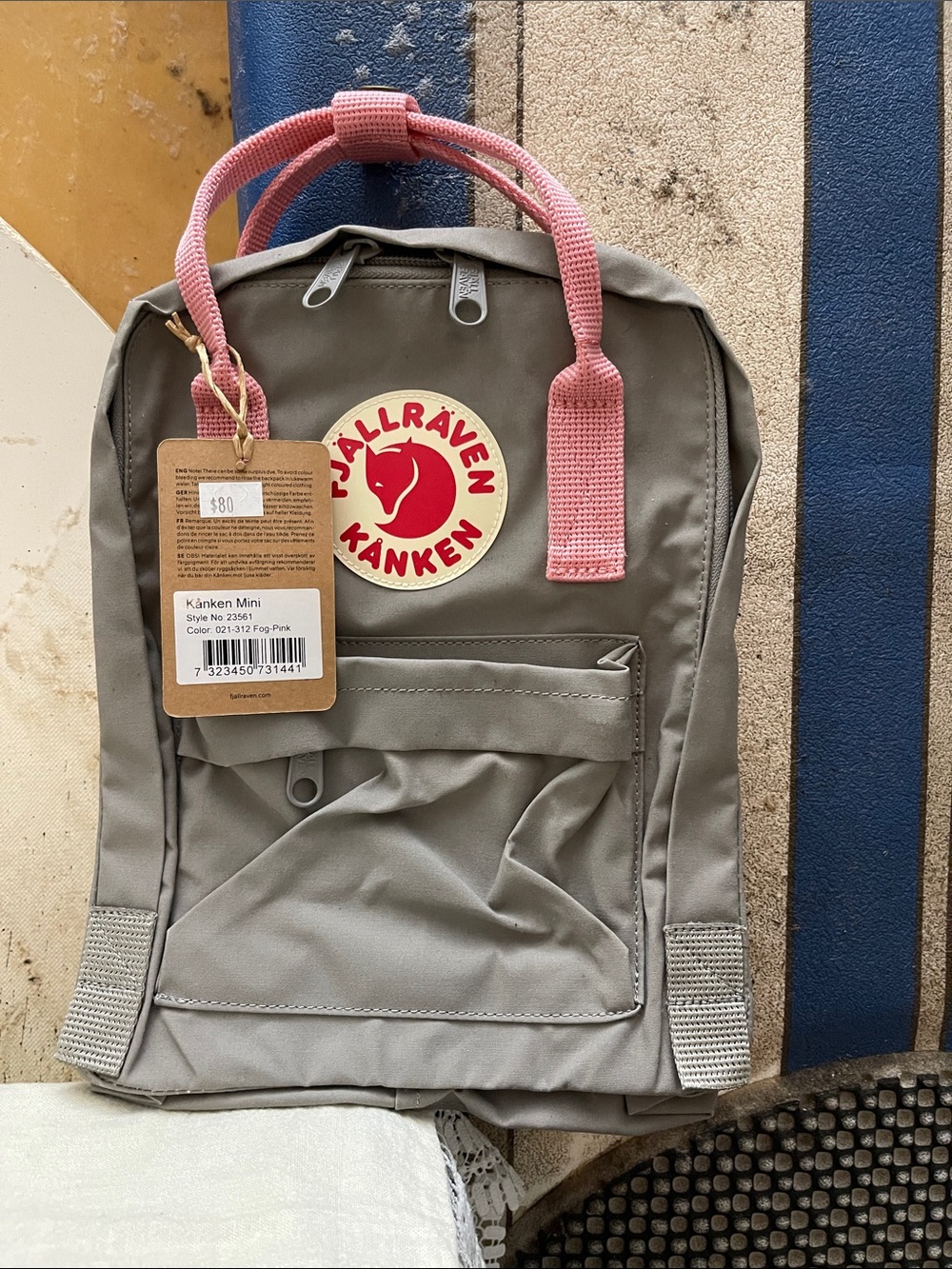 Fjallraven Kanken Mini Gray (Fog Pink) Backpack with Pink Handles and Red Logo